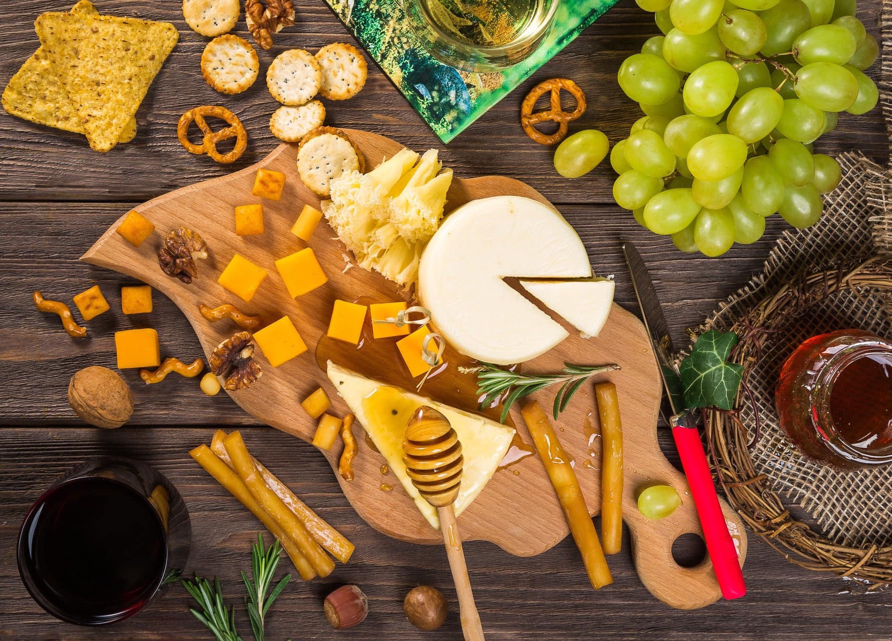 Cheese board, honey and red wine